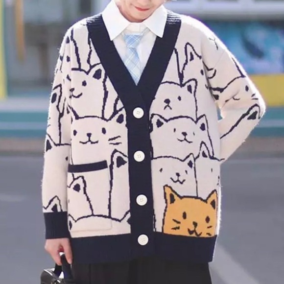 Harajuku Kawaii Cartoon V Neck Cardigan Women Retro Fashion Sweater NEW Blue - Picture 5 of 5